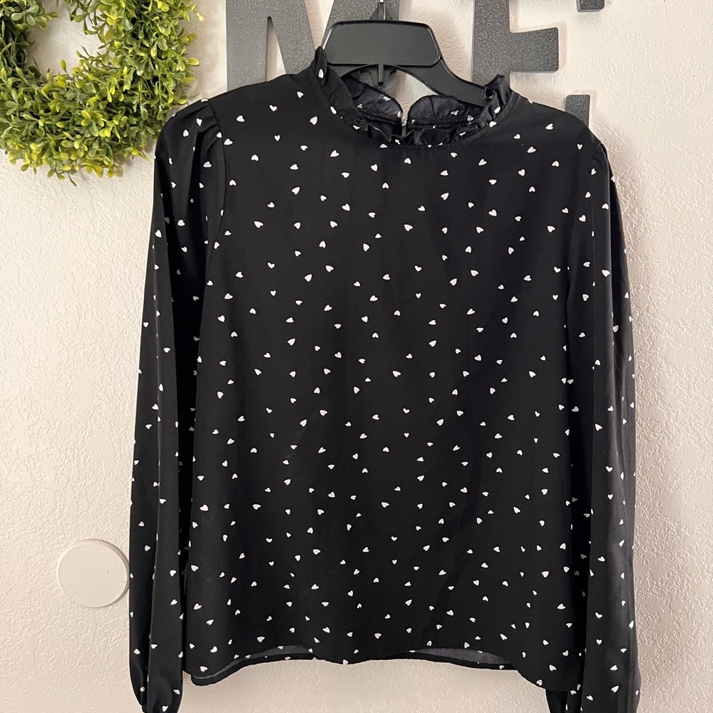SHEIN Black Blouse with White Heart Pattern